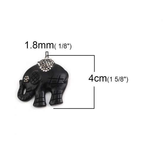 Picture of Acrylic Boho Chic Pendants Elephant Animal Black Micro Pave Dark Gray Rhinestone 40mm x 40mm, 2 PCs
