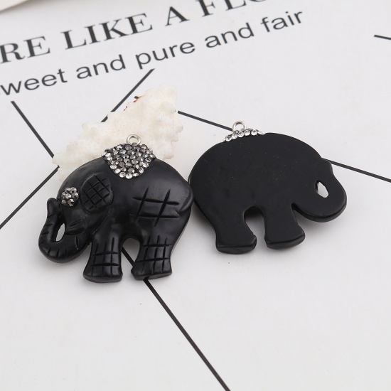 Picture of Acrylic Boho Chic Pendants Elephant Animal Black Micro Pave Dark Gray Rhinestone 40mm x 40mm, 2 PCs