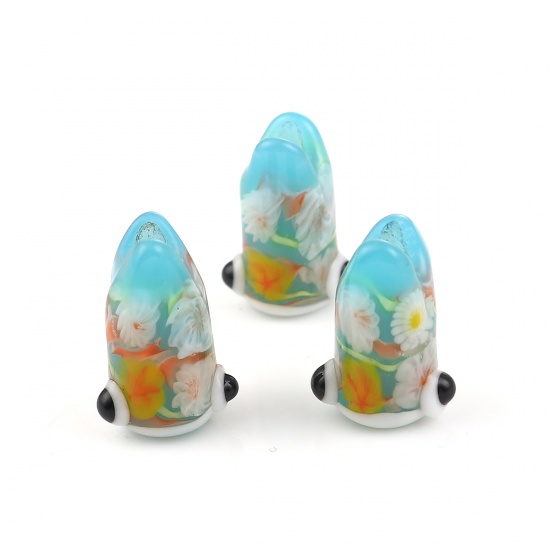 Picture of Lampwork Glass Japanese Style Beads Fish Animal Skyblue Flower About 15mm x 8mm, Hole: Approx 2.6mm, 1 Piece