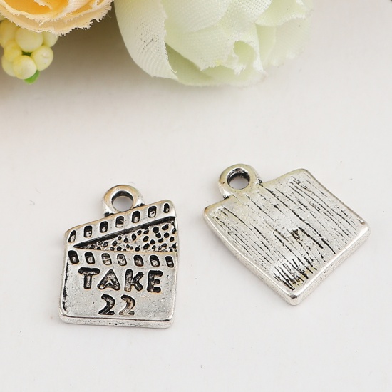 Picture of Zinc Based Alloy Charms Movie Clapper Board Antique Silver Message " TAKE 22 " 16mm( 5/8") x 12mm( 4/8"), 30 PCs