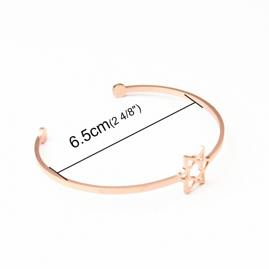 Picture of Stainless Steel Open Cuff Bangles Bracelets Rose Gold Star Of David Hexagram 16.5cm(6 4/8") long, 1 Piece