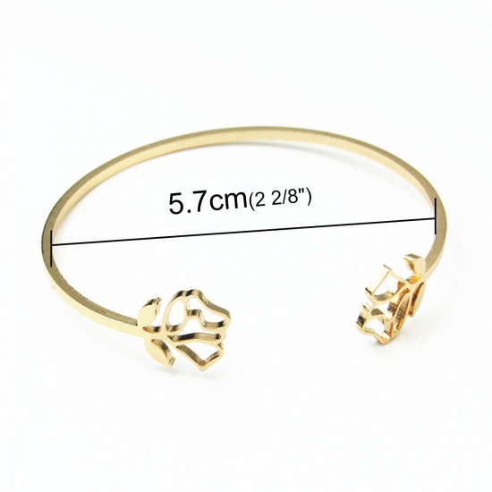 Picture of Stainless Steel Open Cuff Bangles Bracelets Gold Plated Rose Flower 18cm(7 1/8") long, 1 Piece