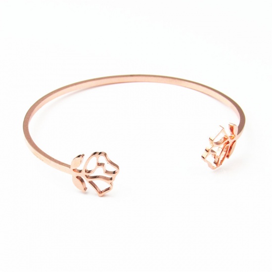 Picture of Stainless Steel Open Cuff Bangles Bracelets Rose Gold Rose Flower 18cm(7 1/8") long, 1 Piece
