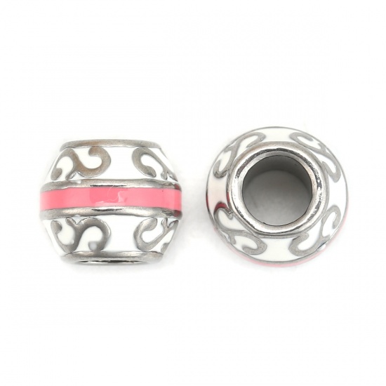 Picture of 304 Stainless Steel Casting Beads Round Silver Tone White & Pink S Pattern Enamel 12mm x 10mm, Hole: Approx 5.2mm, 1 Piece