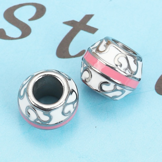 Picture of 304 Stainless Steel Casting Beads Round Silver Tone White & Pink S Pattern Enamel 12mm x 10mm, Hole: Approx 5.2mm, 1 Piece