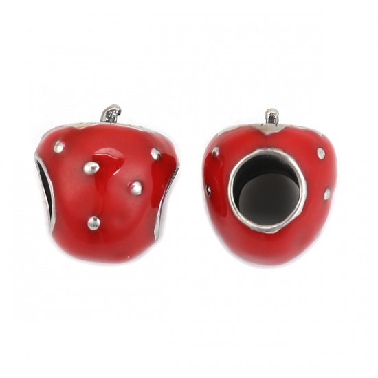 Picture of 304 Stainless Steel Casting Beads Strawberry Fruit Antique Silver Color Red Enamel 12mm x 11mm, Hole: Approx 4.8mm, 1 Piece