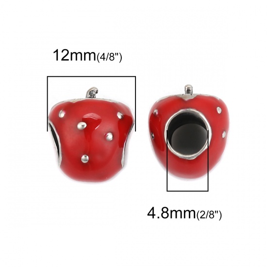 Picture of 304 Stainless Steel Casting Beads Strawberry Fruit Antique Silver Color Red Enamel 12mm x 11mm, Hole: Approx 4.8mm, 1 Piece