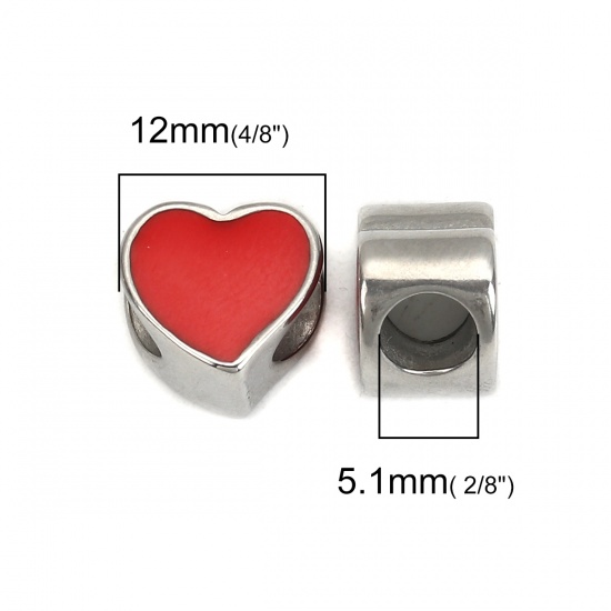 Picture of 304 Stainless Steel Casting Beads Heart Silver Tone Red Enamel 12mm x 11mm, Hole: Approx 5.1mm, 1 Piece