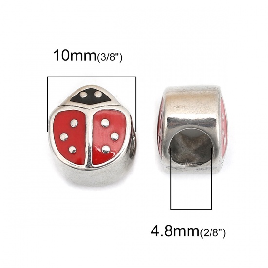 Picture of 304 Stainless Steel Casting Beads Ladybug Animal Silver Tone Black & Red Enamel 11mm x 10mm, Hole: Approx 4.8mm, 1 Piece