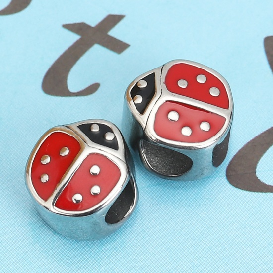 Picture of 304 Stainless Steel Casting Beads Ladybug Animal Silver Tone Black & Red Enamel 11mm x 10mm, Hole: Approx 4.8mm, 1 Piece
