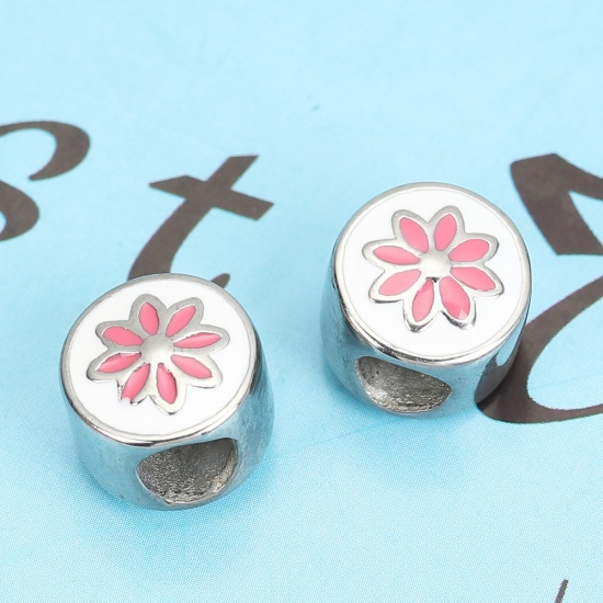 Picture of 304 Stainless Steel Casting Beads Round Silver Tone White & Pink Flower Enamel About 11mm Dia., Hole: Approx 4.8mm, 1 Piece