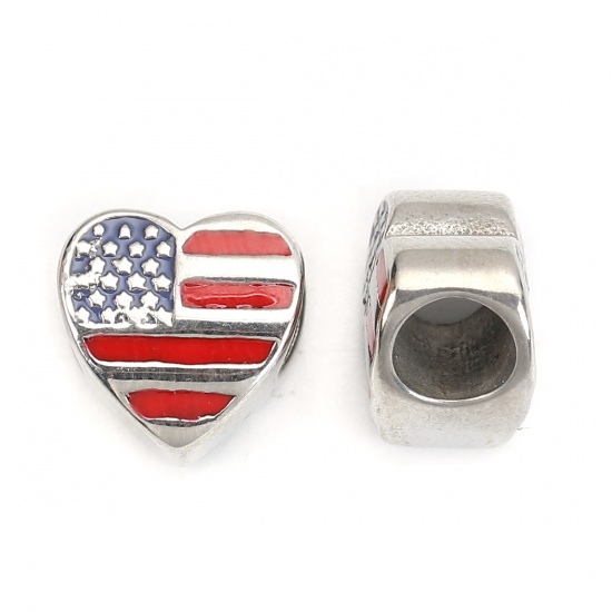 Picture of 304 Stainless Steel Casting Beads Heart Silver Tone Red & Blue Flag Of The United States Enamel 12mm x 12mm, Hole: Approx 5.3mm, 1 Piece