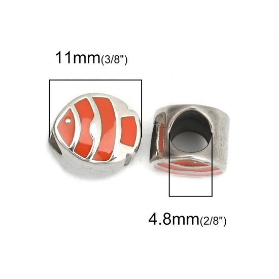 Picture of 304 Stainless Steel Casting Beads Fish Animal Silver Tone Orange Enamel 11mm x 10mm, Hole: Approx 4.8mm, 1 Piece