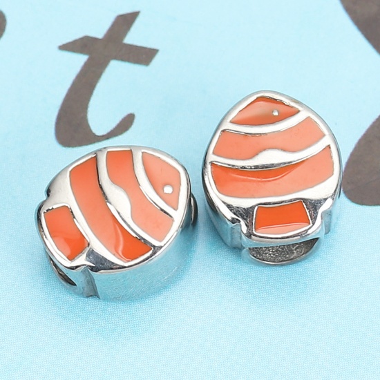 Picture of 304 Stainless Steel Casting Beads Fish Animal Silver Tone Orange Enamel 11mm x 10mm, Hole: Approx 4.8mm, 1 Piece