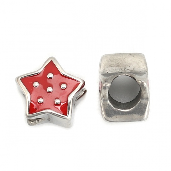 Picture of 304 Stainless Steel Casting Beads Pentagram Star Silver Tone Red Enamel 10mm x 10mm, Hole: Approx 5mm, 1 Piece
