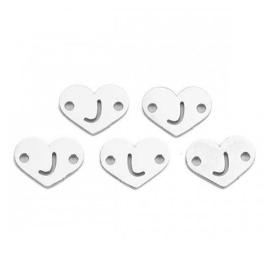 Picture of 304 Stainless Steel Connectors Heart Silver Tone Initial Alphabet/ Letter Message " J " 12mm( 4/8") x 9mm( 3/8"), 5 PCs