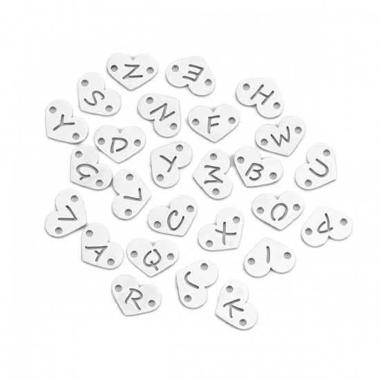 Picture of 304 Stainless Steel Connectors Heart Silver Tone Initial Alphabet/ Letter Message " J " 12mm( 4/8") x 9mm( 3/8"), 5 PCs