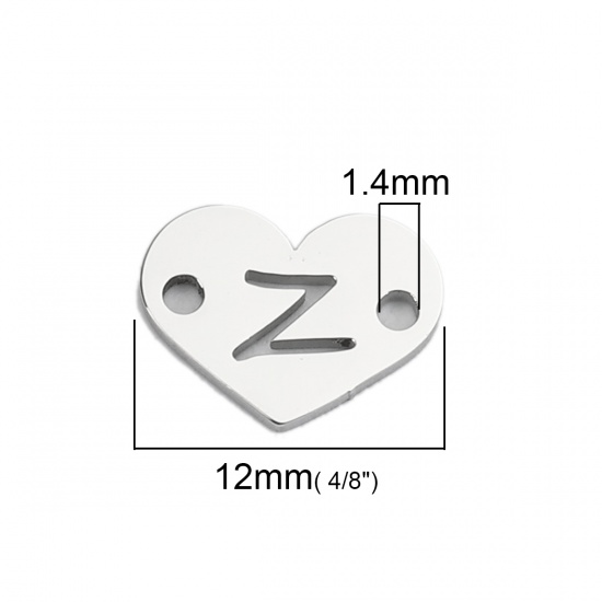Picture of 304 Stainless Steel Connectors Heart Silver Tone Initial Alphabet/ Letter Message " Z " 12mm( 4/8") x 9mm( 3/8"), 5 PCs