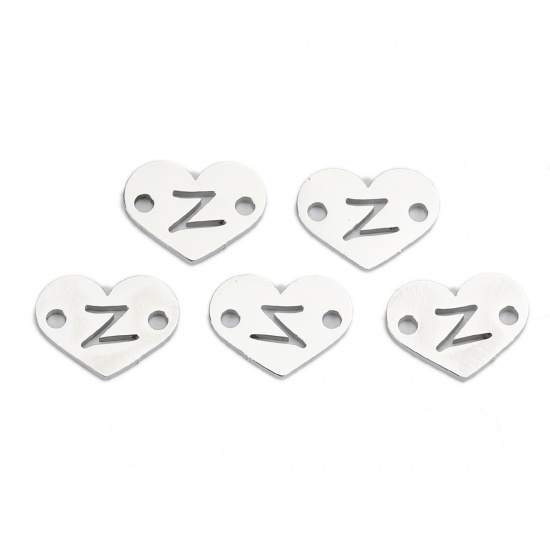 Picture of 304 Stainless Steel Connectors Heart Silver Tone Initial Alphabet/ Letter Message " Z " 12mm( 4/8") x 9mm( 3/8"), 5 PCs