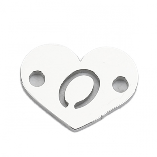 Picture of 304 Stainless Steel Connectors Heart Silver Tone Initial Alphabet/ Letter Message " O " 12mm( 4/8") x 9mm( 3/8"), 5 PCs