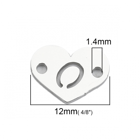 Picture of 304 Stainless Steel Connectors Heart Silver Tone Initial Alphabet/ Letter Message " O " 12mm( 4/8") x 9mm( 3/8"), 5 PCs