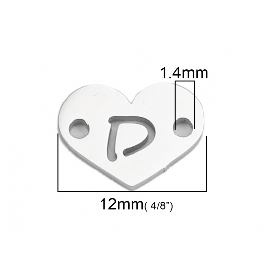 Picture of 304 Stainless Steel Connectors Heart Silver Tone Initial Alphabet/ Letter Message " D " 12mm( 4/8") x 9mm( 3/8"), 5 PCs