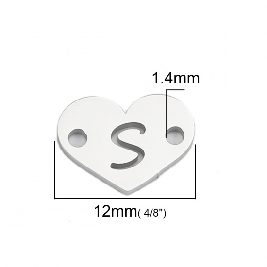 Picture of 304 Stainless Steel Connectors Heart Silver Tone Initial Alphabet/ Letter Message " S " 12mm( 4/8") x 9mm( 3/8"), 5 PCs