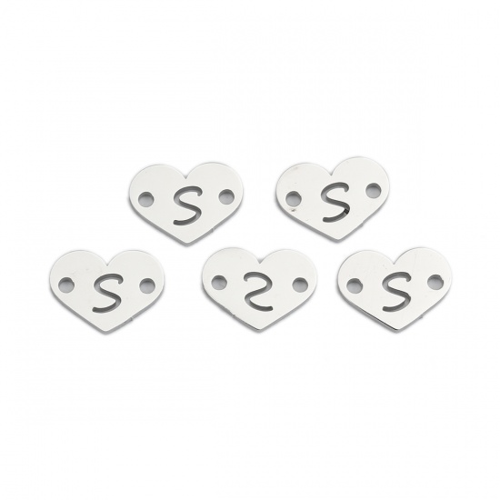 Picture of 304 Stainless Steel Connectors Heart Silver Tone Initial Alphabet/ Letter Message " S " 12mm( 4/8") x 9mm( 3/8"), 5 PCs