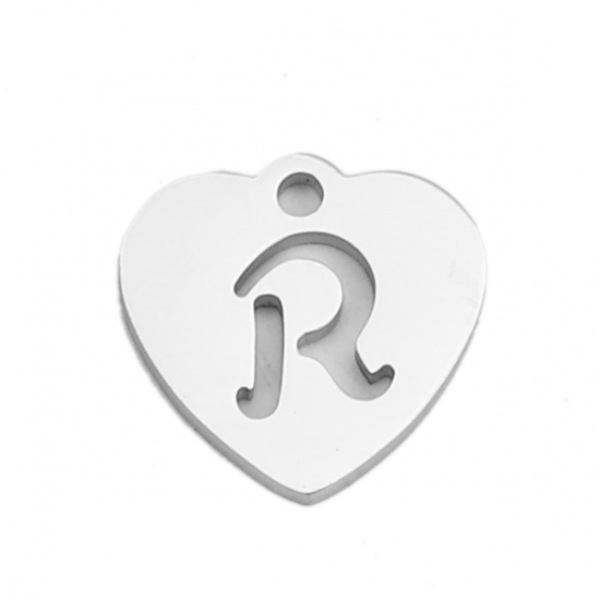 Picture of 304 Stainless Steel Charms Heart Silver Tone Initial Alphabet/ Letter Message " R " 12mm( 4/8") x 12mm( 4/8"), 5 PCs