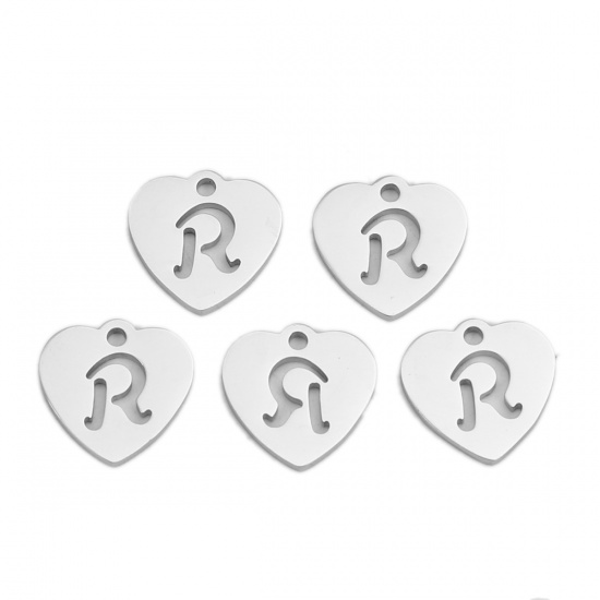 Picture of 304 Stainless Steel Charms Heart Silver Tone Initial Alphabet/ Letter Message " R " 12mm( 4/8") x 12mm( 4/8"), 5 PCs