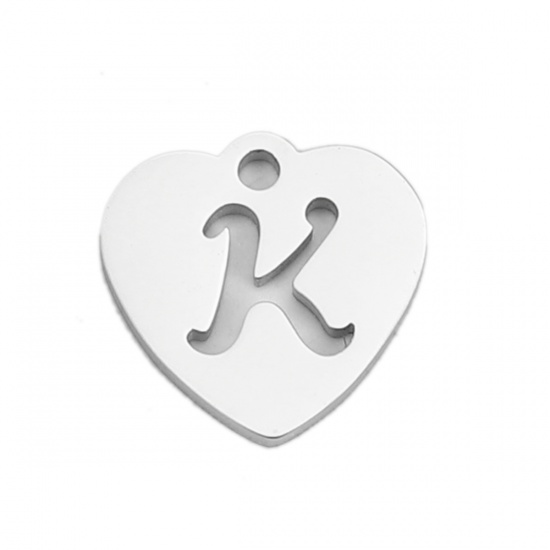 Picture of 304 Stainless Steel Charms Heart Silver Tone Alphabet/ Letter Message " k " 12mm( 4/8") x 12mm( 4/8"), 5 PCs