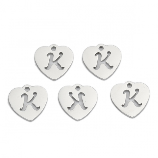 Picture of 304 Stainless Steel Charms Heart Silver Tone Alphabet/ Letter Message " k " 12mm( 4/8") x 12mm( 4/8"), 5 PCs