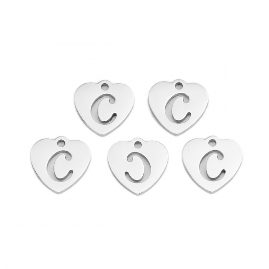 Picture of 304 Stainless Steel Charms Heart Silver Tone Initial Alphabet/ Letter Message " C " 12mm( 4/8") x 12mm( 4/8"), 5 PCs