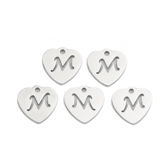 Picture of 304 Stainless Steel Charms Heart Silver Tone Initial Alphabet/ Letter Message " M " 12mm( 4/8") x 12mm( 4/8"), 5 PCs