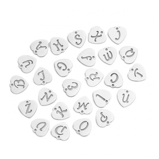Picture of 304 Stainless Steel Charms Heart Silver Tone Initial Alphabet/ Letter Message " M " 12mm( 4/8") x 12mm( 4/8"), 5 PCs
