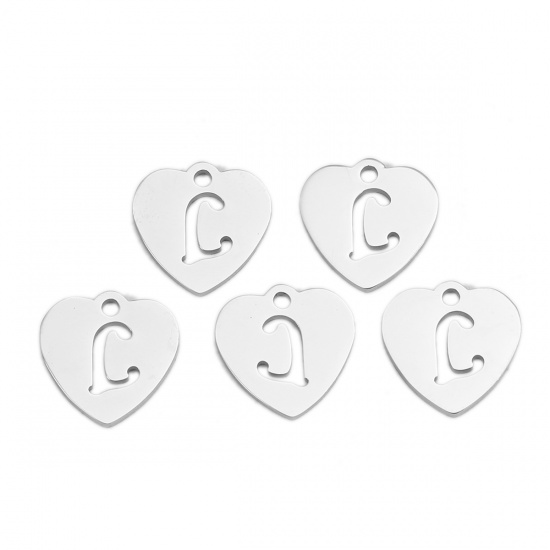 Picture of 304 Stainless Steel Charms Heart Silver Tone Initial Alphabet/ Letter Message " L " 12mm( 4/8") x 12mm( 4/8"), 5 PCs