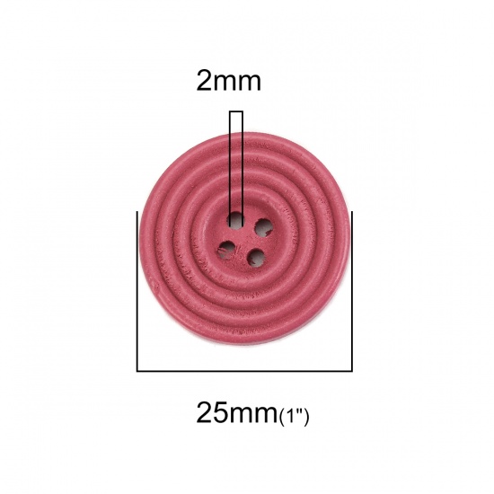 Picture of Wood Sewing Buttons Scrapbooking 4 Holes Round Fuchsia Circle 25mm(1") Dia, 30 PCs