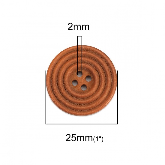 ウッド 縫製ボタン 円形 ライトコーヒー 4つ穴 サークル柄 25mm直径、 30 個 の画像