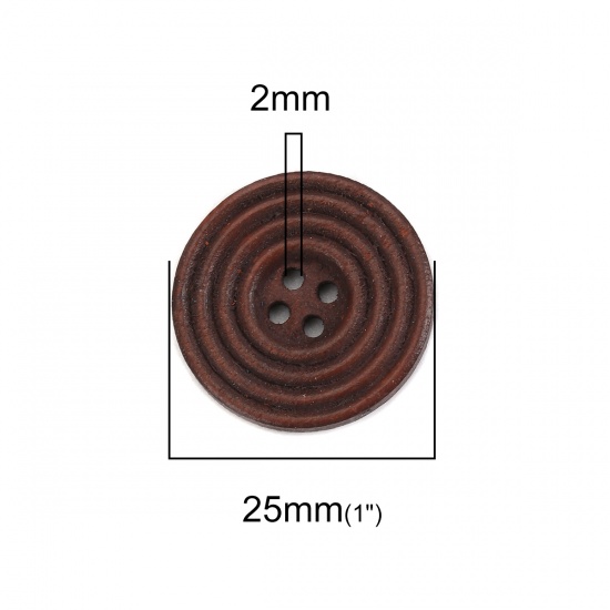 ウッド 縫製ボタン 円形 ダークコーヒー 4つ穴 サークル柄 25mm直径、 30 個 の画像
