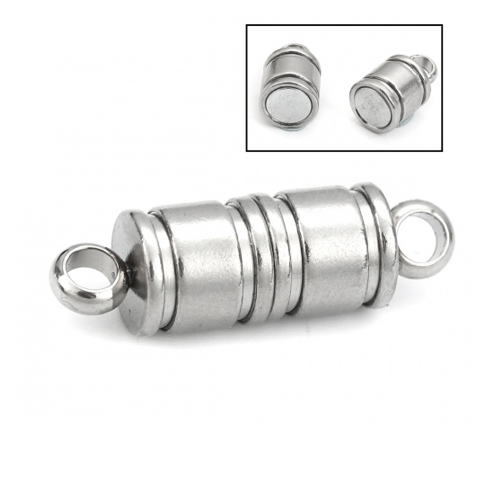 Picture of 304 Stainless Steel Magnetic Clasps Cylinder Silver Tone 26mm(1") x 8mm( 3/8"), 1 Piece