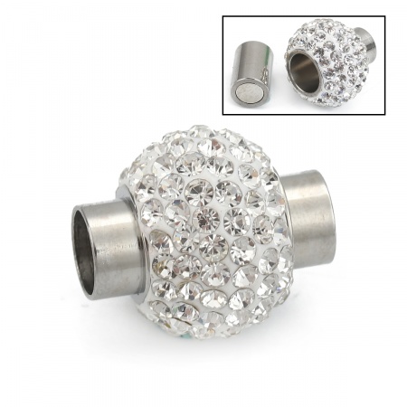 Immagine di 304 Acciaio Inossidabile Chiusura Magnetica Tondo Tono Argento Bianco Strass 18mm x 16mm, 1 Pz