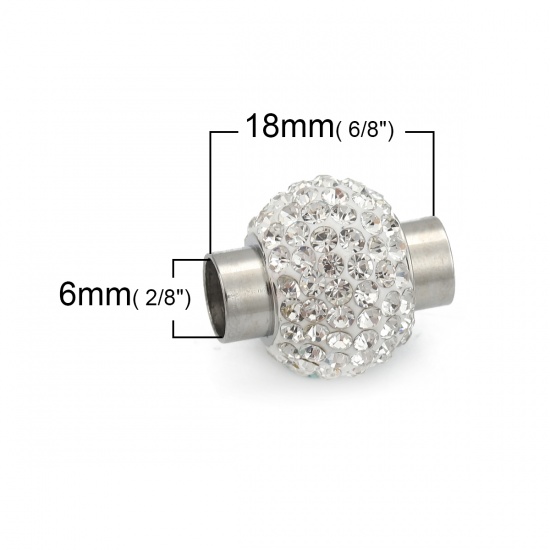 Picture of 304 Stainless Steel Magnetic Clasps Round Silver Tone White Rhinestone 18mm( 6/8") x 16mm( 5/8"), 1 Piece