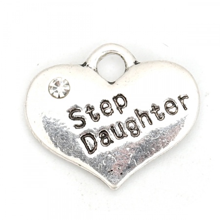 Zinc Based Alloy Charms Heart Antique Silver Message " Step Daughter " Clear Rhinestone 16mm( 5/8") x 14mm( 4/8"), 10 PCs