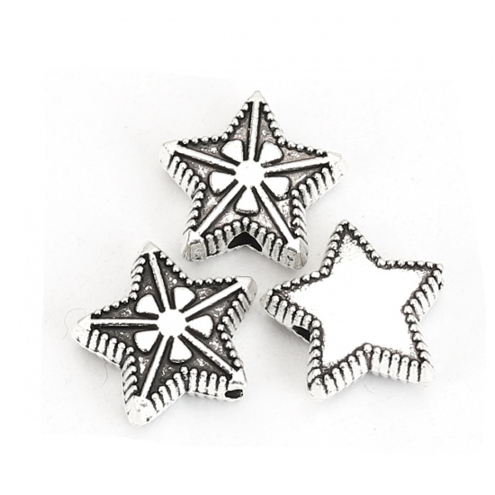 Bild von Zinklegierung Zwischenperlen Spacer Perlen Pentagramm Stern Antiksilber Blumen 11mm x 10mm, Loch:ca. 1.5mm, 50 Stück