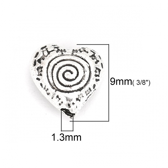 Immagine di Lega di Zinco Separatori Perline Cuore Argento Antico Spirale Scolpisce Circa 9mm x 9mm, Foro:Circa 1.3mm, 50 Pz