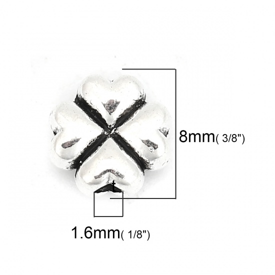 Immagine di Lega di Zinco Separatori Perline Trifoglio del quattro-foglio Argento Antico Circa 8mm x 8mm, Foro:Circa 1.6mm, 50 Pz