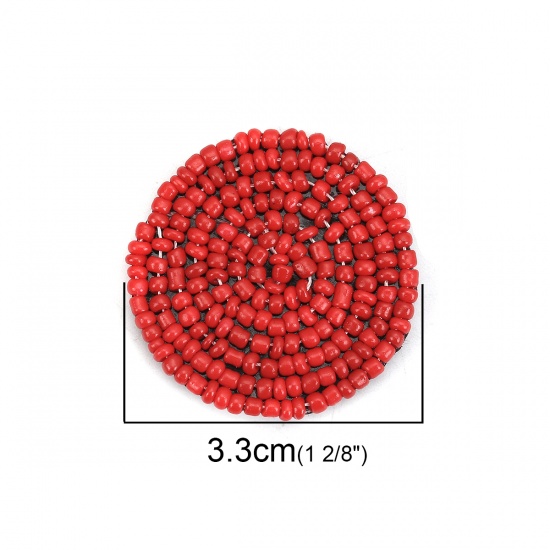 Picture of Glass & Cotton Seed Beads Appliques Patches DIY Scrapbooking Red Round 3.3cm(1 2/8") Dia., 5 PCs