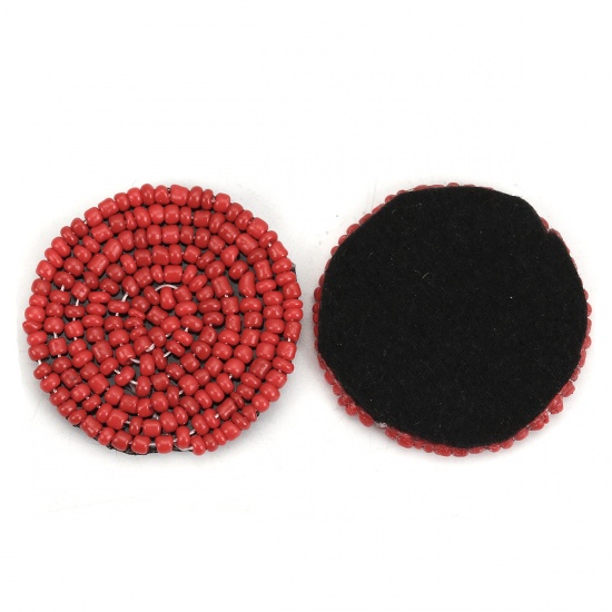 Picture of Glass & Cotton Seed Beads Appliques Patches DIY Scrapbooking Red Round 3.3cm(1 2/8") Dia., 5 PCs