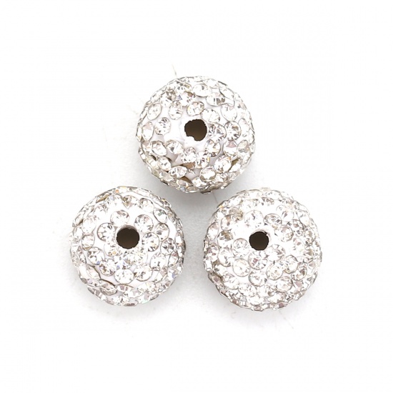 Picture of Brass Cord End Caps Round White (Fits 5.6mm Cord) Clear Rhinestone 10mm( 3/8") x 9mm( 3/8"), 5 PCs                                                                                                                                                            