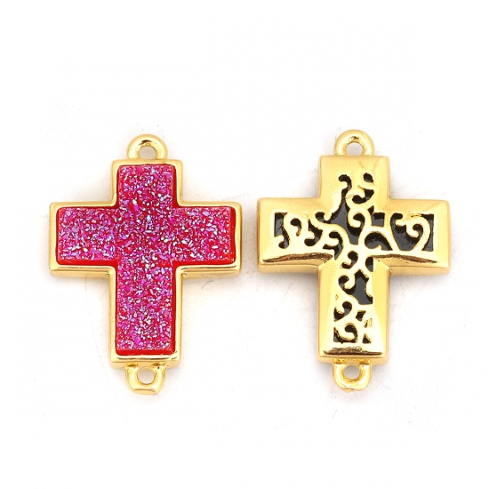 Picture of Brass & Resin Druzy/ Drusy Connectors Cross Gold Plated At Random Mixed 23mm( 7/8") x 16mm( 5/8"), 3 PCs